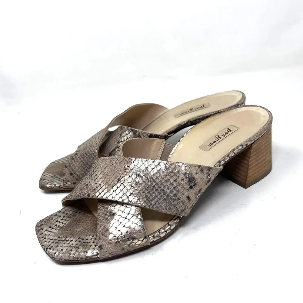 Paul Green Sandals Women's 8 Cici Gold Leather Python Snake Block Heel Slide‎